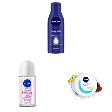 NIVEA Body Lotion for Very Dry Skin,200 ml&NIVEA Deodorant Roll On, Pearl & Beauty For Women 50ml&NIVEA Soft Light Moisturizer Cream 200 ml